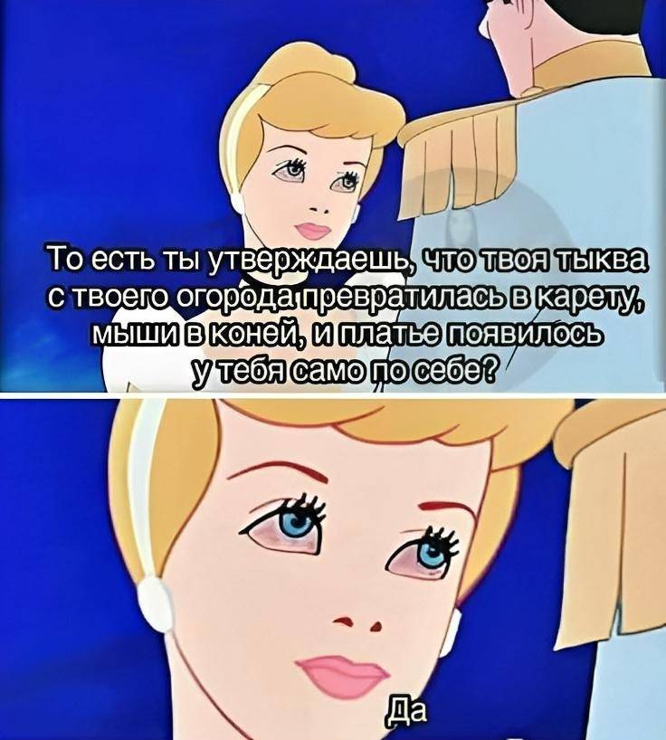 – То есть ты утверждаешь, что твоя тыква с твоего огорода превратилась в карету, мыши в коней, и платье появилось у тебя само по себе?
– Да.