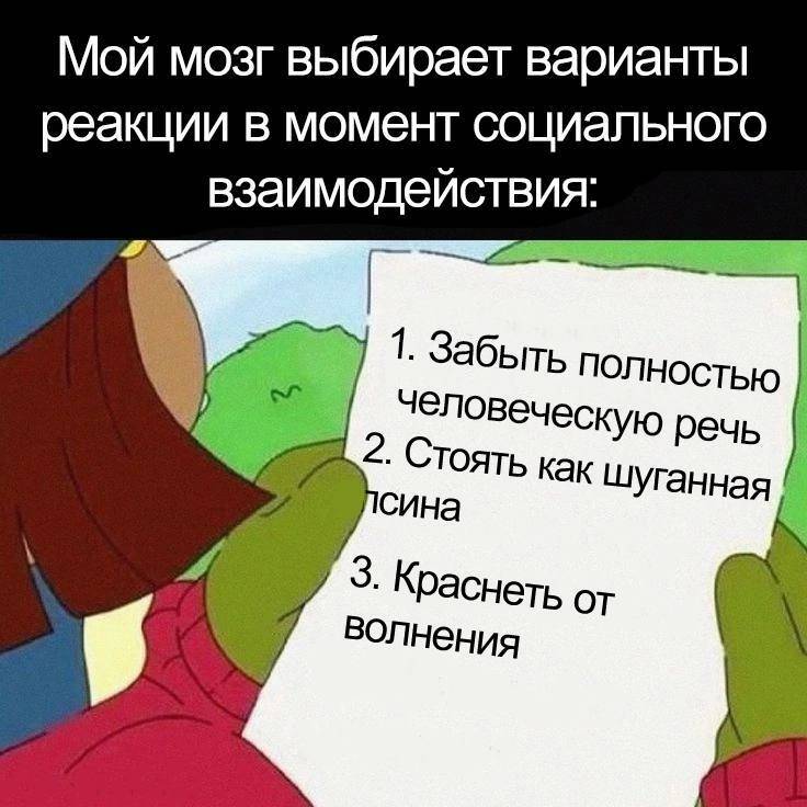 Мой мозг выбирает варианты реакции в момент социального взаимодействия:
1. Забыть полностью человеческую речь
2. Стоять как шуганная псина
З. Краснеть от волнения