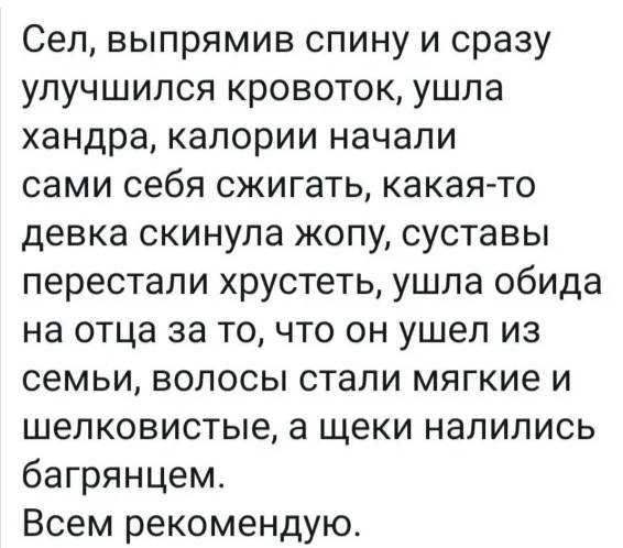 Сел, выпрямив спину и сразу улучшился кровоток, ушла хандра, калории начали сами себя сжигать, какая-то девка скинула жопу, суставы перестали хрустеть, ушла обида на отца за то, что он ушел из семьи, волосы стали мягкие и шелковистые, а щеки налились багрянцем. Всем рекомендую.