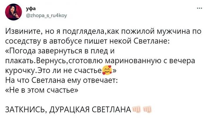 Извините, но я подглядела, как пожилой мужчина по соседству в автобусе пишет некой Светлане: «Погода завернуться в плед и плакать. Вернусь, сготовлю маринованную с вечера курочку. Это ли не счастье.» На что Светлана ему отвечает: «Не в этом счастье» ЗАТКНИСЬ, ДУРАЦКАЯ СВЕТЛАНА!