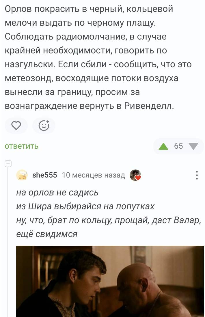 – Орлов покрасить в черный, кольцевой мелочи выдать по черному плащу. Соблюдать радиомолчание, в случае крайней необходимости, говорить по назгульски. Если сбили – сообщить, что это метеозонд, восходящие потоки воздуха вынесли за границу, просим за вознаграждение вернуть в Ривенделл.
– На орлов не садись из Шира выбирайся на попутках ну, что, брат по кольцу, прощай, даст Валар, ещё свидимсяНе все поймёт...