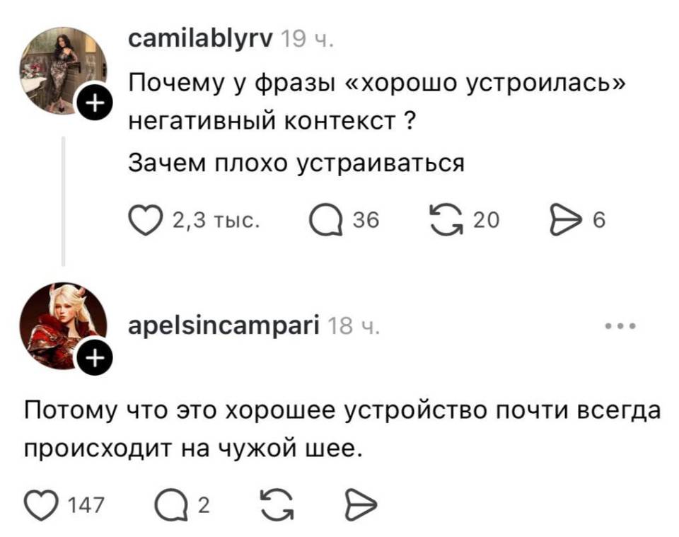 – Почему у фразы «хорошо устроилась» негативный контекст ? Зачем плохо устраиваться?
– Потому что это хорошее устройство почти всегда происходит на чужой шее.