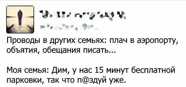 Проводы в других семьях: плач в аэропорту, объятия, обещания писать...
Моя семья: Дим, у нас 15 минут бесплатной парковки, так что п***здуй уже.