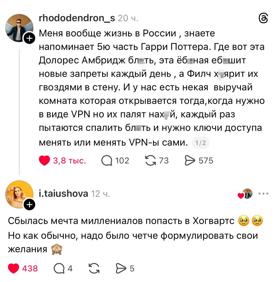 – Меня вообще жизнь в России знаете напоминает 5ю часть Гарри Поттера. Где вот эта Долорес Амбридж бл***ть, эта ёб***ная еб***шит новые запреты каждый день а Филч х*ярит их гвоздями в стену. И у нас есть некая выручай комната которая открывается тогда, когда нужно в виде УРМ но их палят нах*й, каждый раз пытаются спалить бл*ть и нужно ключи доступа менять или менять ВПН-ы сами.
– Сбылась мечта миллениалов попасть в Хогвартс. Но как обычно, надо было четче формулировать свои желания.
