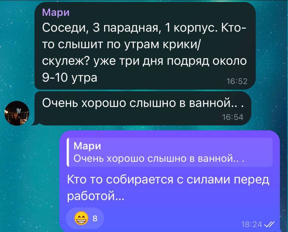 – Соседи, 3 парадная, 1 корпус. Кто-то слышит по утрам крики/скулёж? Уже три дня подряд около 9-10 yтpa. Очень хорошо слышно в ванной...
– Кто то собирается с силами перед работой...