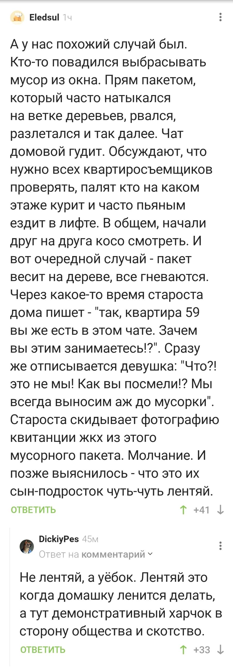 – А у нас похожий случай был. Кто-то повадился выбрасывать мусор из окна. Прям пакетом, который часто натыкался на ветке деревьев, рвался, разлетался и так далее. Чат домовой гудит. Обсуждают, что нужно всех квартиросъемщиков проверять, палят кто на каком этаже курит и часто пьяным ездит в лифте. В общем, начали друг на друга косо смотреть. И вот очередной случай – пакет весит на дереве, все гневаются. Через какое-то время староста дома пишет – так, квартира 59 вы же есть в этом чате. Зачем вы этим занимаетесь!?. Сразу же отписывается девушка: Что?! это не мы! Как вы посмели!? Мы всегда выносим аж до мусорки. Староста скидывает фотографию квитанции жкх из этого мусорного пакета. Молчание. И позже выяснилось – что это их сын-подросток чуть-чуть лентяй.
– Не лентяй, а уёбок. Лентяй это когда домашку ленится делать, а тут демонстративный харчок в сторону общества и скотство.