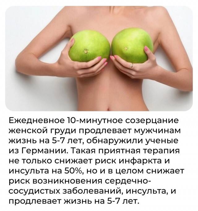 Ежедневное 10-минутное созерцание женской груди продлевает мужчинам жизнь на 5-7 лет, обнаружили ученые из Германии. Такая приятная терапия не только снижает риск инфаркта и инсульта на 50%, но и в целом снижает риск возникновения сердечно- сосудистых заболеваний, инсульта, и продлевает жизнь на 5-7 лет.