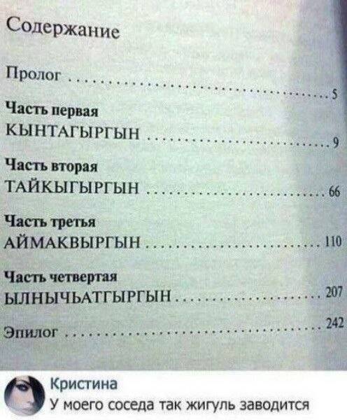 Содержание
Пролог ...
Часть первая ...
КЫНТАГЫРГЫН ...
Часть вторая
ТАЙКЫГЫРГЫН ...
Часть третья
АЙМАКВЫРГЫН ...
Часть четвертая
ЫЛНЫЧЬАТГЫРГЫН ...
Эпилог
– У моего соседа так жигуль заводится.