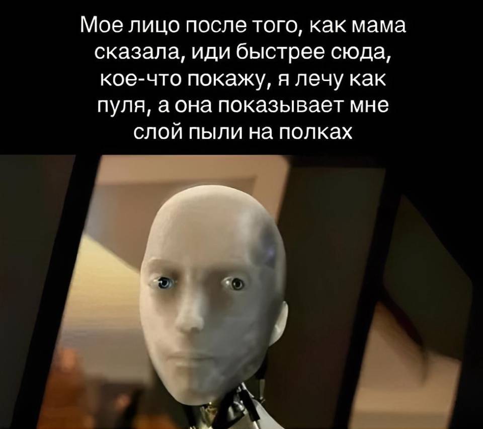 Мое лицо после того, как мама сказала, иди быстрее сюда, кое-что покажу, я лечу как пуля, а она показывает мне слой пыли на полках.