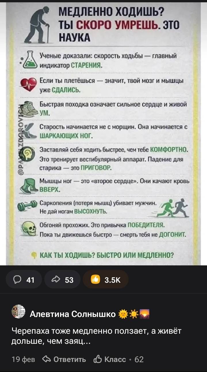МЕДЛЕННО ХОДИШЬ? Ученые доказали: скорость ходьбы — главный у индикатор старения. Если ты плетёшься — значит, твой мозг и мышцы уже сдались. Быстрая походка означает сильное сердце и живой ум. Старость начинается не с морщин. Она начинается с шаркающих ног. Заставляй себя ходить быстрее, чем тебе КОМФОРТНО. Это тренирует вестибулярный аппарат. Падение для ё старика — это ПРИГОВОР. Мышцы ног — это «второе сердце». Они качают кровь вверх. Саркопения (потеря мышиц) убивает мужчин. Не дай ногам ВЫСОХНУТЬ. Обгоняй прохожих, Это привычка ПОБЕДИТЕЛЯ. Пока ты движешься быстро — смерть тебя не ДОГОНИТ. КАК ТЫ ХОДИШЬ? БЫСТРО ИЛИ МЕДЛЕННО?
– Черепаха тоже медленно ползает, а живёт дольше, чем заяц...