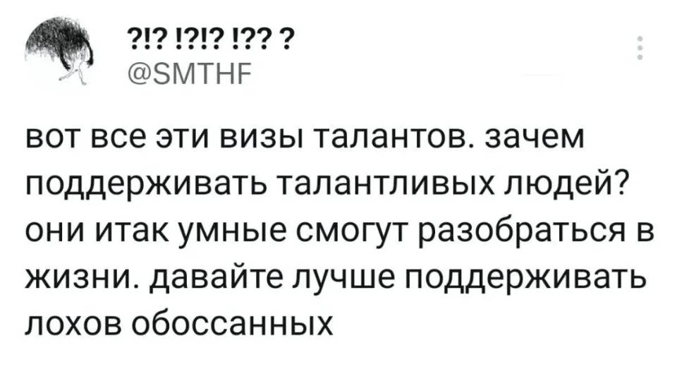 Вот все эти визы талантов, зачем поддерживать талантливых людей? Они и так умные смогут разобраться в жизни. Давайте лучше поддерживать лохов обоссанных.