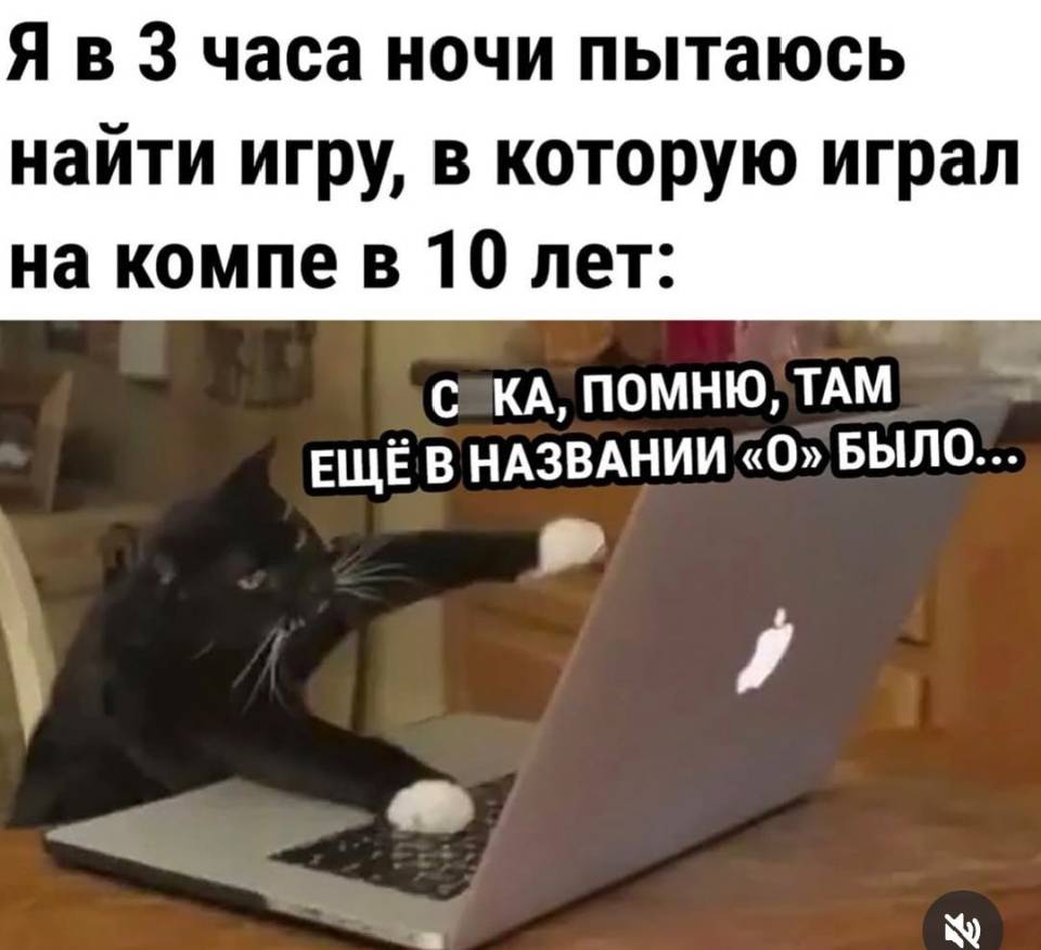 Я в 3 часа ночи пытаюсь найти игру, в которую играл на компе в 10 лет:
– Сука, помню, там ещё в названии «о» было...