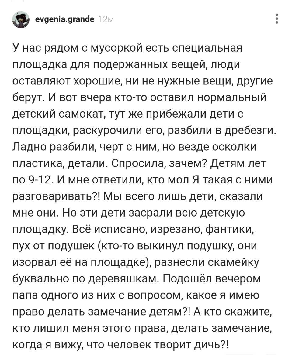 У нас рядом с мусоркой есть специальная площадка для подержанных вещей, люди оставляют хорошие, ни не нужные вещи, другие берут. И вот вчера кто-то оставил нормальный детский самокат, тут же прибежали дети с площадки, раскурочили его, разбили в дребезги. Ладно разбили, черт с ним, но везде осколки пластика, детали. Спросила, зачем? Детям лет по 9-12. И мне ответили, кто мол Я такая с ними разговаривать?! Мы всего лишь дети, сказали мне они. Но эти дети засрали всю детскую площадку. Всё исписано, изрезано, фантики, пух от подушек (кто-то выкинул подушку, они изорвал её на площадке), разнесли скамейку буквально по деревяшкам. Подошёл вечером папа одного из них с вопросом, какое я имею право делать замечание детям?! А кто скажите, кто лишил меня этого права, делать замечание, когда я вижу, что человек творит дичь?!