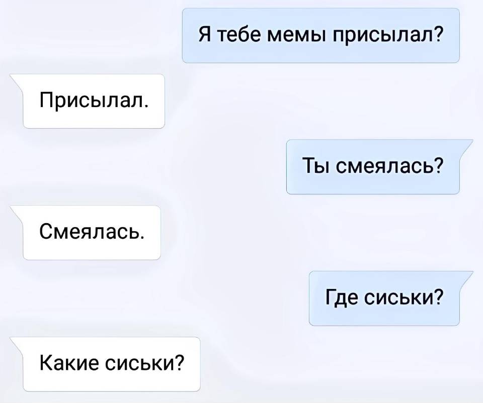 – Я тебе мемы присылал?
– Присылал.
– Ты смеялась?
– Смеялась.
– Где сиськи?
– Какие сиськи?