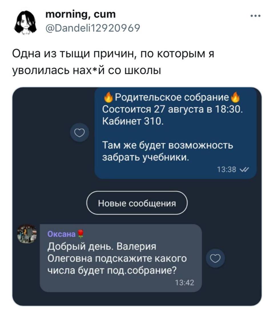 Одна из тыщи причин, по которым я уволилась нах*й со школы:
– Родительское собрание Состоится 27 августа в lв:зо. Кабинет 310. Там же будет возможность забрать учебники.
– Добрый день. Валерия Олеговна подскажите какого числа будет под. собрание?