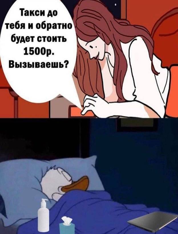 Возбуждённая девушка по телефону:
– Такси до тебя и обратно будет стоить 1500p. Вызываешь?
Самоудовлетворившийся я:
– *Сладко сплю*