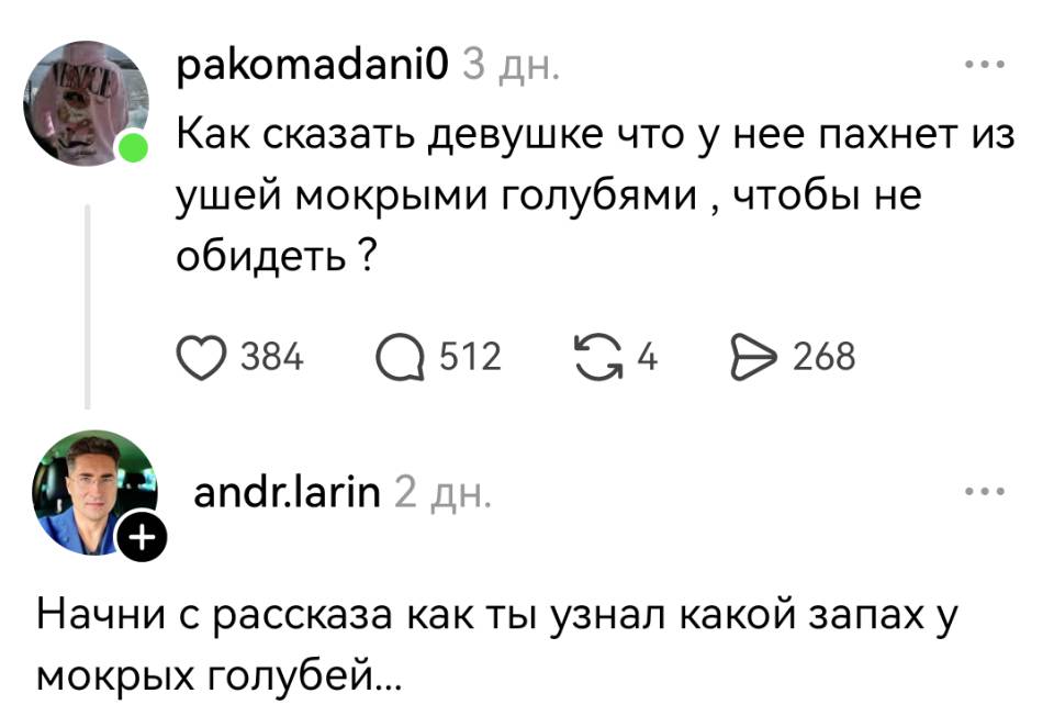 – Как сказать девушке что у нее пахнет из ушей мокрыми голубями чтобы не обидеть? 
– Начни с рассказа как ты узнал какой запах у мокрых голубей...