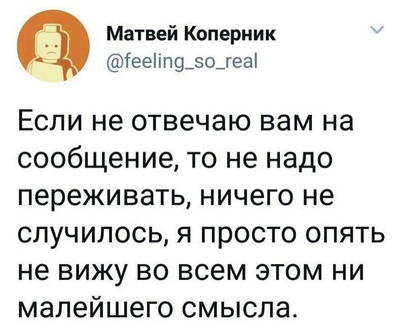 Если не отвечаю вам на сообщение, то не надо переживать, ничего не случилось, я просто опять не вижу во всем этом ни малейшего смысла.