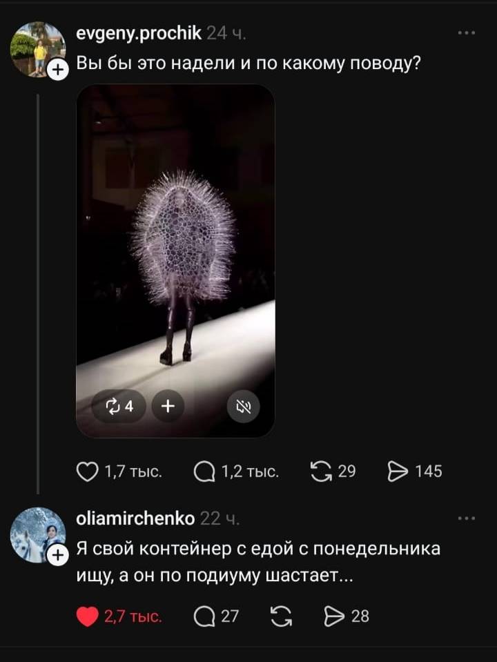 – Вы бы это надели и по какому поводу?
– Я свой контейнер с едой с понедельника ищу, а он по подиуму шастает...