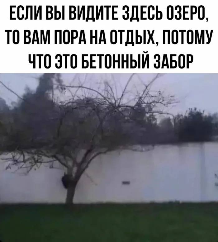 ЕСЛИ ВЫ ВИДИТЕ ЗДЕСЬ ОЗЕРО, ТО ВАМ ПОРА НА ОТДЫХ, ПОТОМУ ЧТО ЭТО БЕТОННЫЙ ЗАБОР.