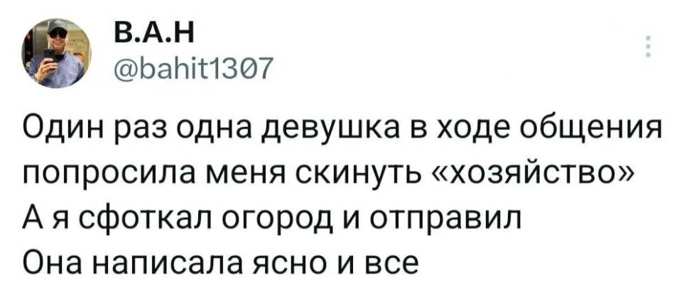 Один раз одна девушка в ходе общения попросила меня скинуть «хозяйство». А я сфоткал огород и отправил. Она написала «ясно» и всё.
