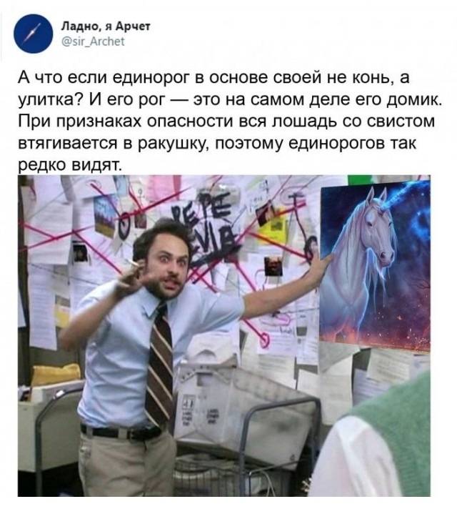 А что если единорог в основе своей не конь, а улитка? И его рог — это на самом деле его домик. При признаках опасности вся лошадь со свистом втягивается в ракушку, поэтому единорогов так редко видят.