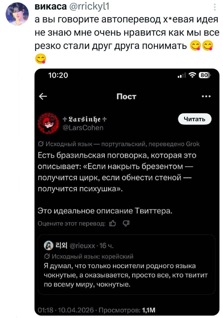 – А вы говорите автоперевод х*евая идея не знаю мне очень нравится как мы все резко стали друг друга понимать.
– Есть бразильская поговорка, которая это описывает: «Если накрыть брезентом — получится цирк, если обнести стеной — получится психушка». Это идеальное описание Твиттера. Я думал, что только носители родного языка чокнутые, а оказывается, просто все, кто твитит по всему миру, чокнутые.