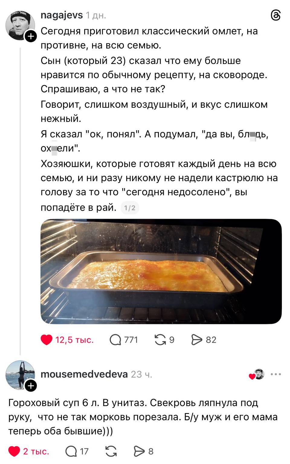 – Сегодня приготовил классический омлет, на противне, на всю семью. Сын (который 23) сказал что ему больше нравится по обычному рецепту, на сковороде. Спрашиваю, а что не так? Говорит, слишком воздушный, и вкус слишком нежный. Я сказал ок, понял. А подумал, да вы, бл***дь, ох***ели. Хозяюшки, которые готовят каждый день на всю семью, и ни разу никому не надели кастрюлю на голову за то что сегодня недосолено , вы попадёте в рай.
– Гороховый суп 6 л. В унитаз. Свекровь ляпнула под руку, что не так морковь порезала. Б/у муж и его мама теперь оба бывшие)))