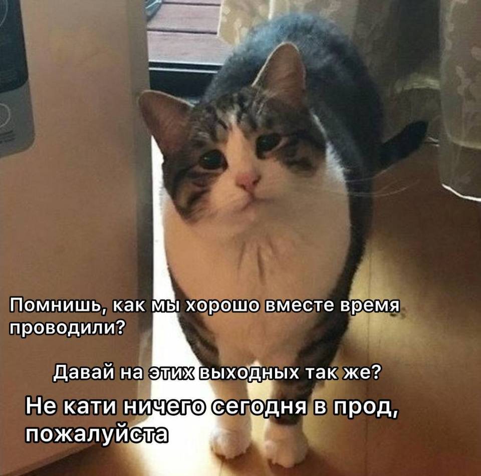 Помнишь, как мы хорошо вместе время проводили?
Давай на этих выходных так же?
Не кати ничего сегодня в прод, пожалуйста.
