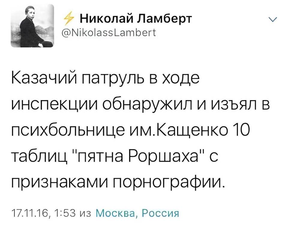 Казачий патруль в ходе инспекции обнаружил и изъял в психбольнице им. Кащенко 10 таблиц «пятна Роршаха» с признаками порнографии.