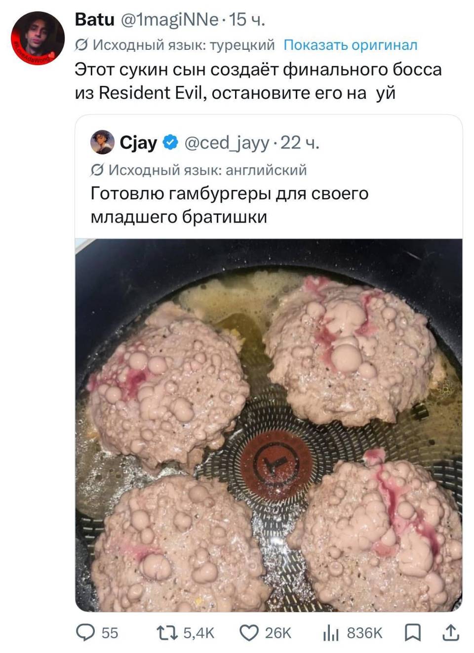 – Готовлю гамбургеры для своего младшего братишки.
– Этот сукин сын создаёт финального босса из из Resident EviI, остановите его нах*й.