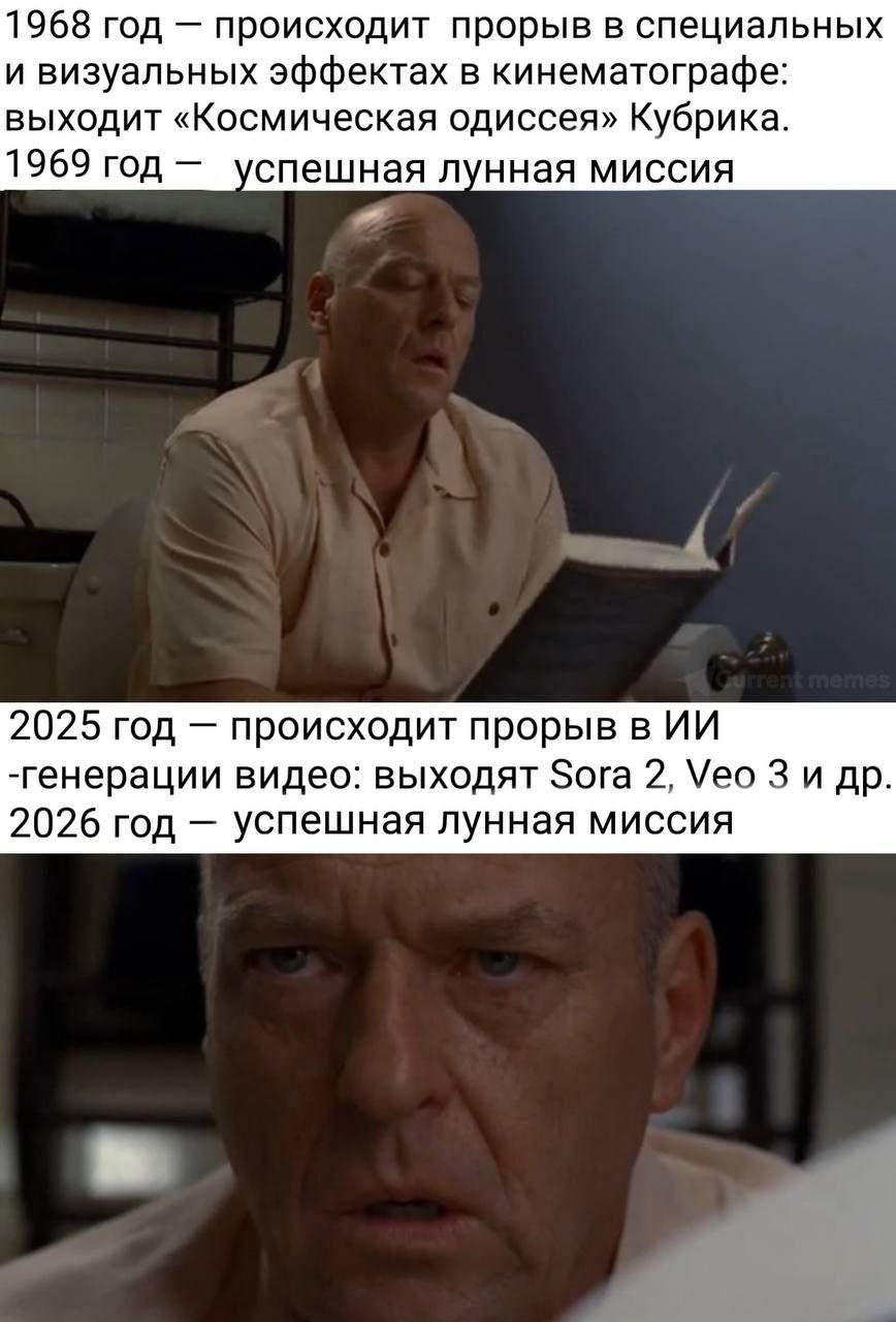 1968 год — происходит прорыв в специальных и визуальных эффектах в кинематографе: выходит «Космическая одиссея» Кубрика.
1969 год — успешная лунная миссия.
2025 год — происходит прорыв в ИИ-генерации видео: выходят Sora 2, Vео З и др.
2026 год — успешная лунная миссия.
