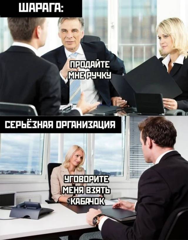 Шарага:
– Продайте мне эту ручку.

Серьёзная организация:
– Уговорите меня взять кабачок.