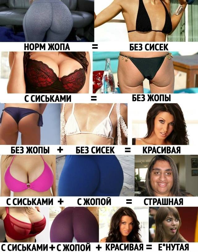 НОРМ ЖОПА = БЕЗ СИСЕК
С СИСЬКАМИ = БЕЗ ЖОПЫ
БЕЗ ЖОПЫ + БЕЗ СИСЕК = КРАСИВАЯ
С СИСЬКАМИ + С ЖОПОЙ = СТРАШНАЯ
С СИСЬКАМИ + С ЖОПОЙ + КРАСИВАЯ = ЕБ***НУТАЯ