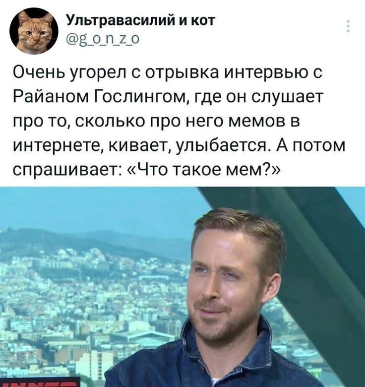 Очень сильно орнул с того, как Райан Гослинг в интервью слушает про то, как много про него мемов в интернете, кивает, улыбается. После чего спрашивает: «Что такое МЕМ?».