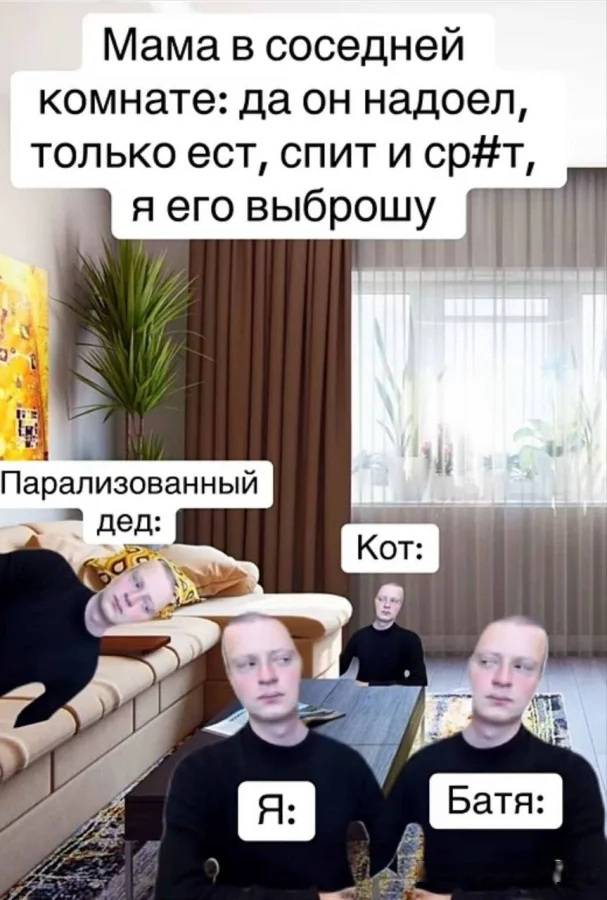 Мама в соседней комнате: да он надоел, только ест, спит и срёт, я его выброшу!
*Парализованный дед*
*Кот*
*Я*
*Батя*