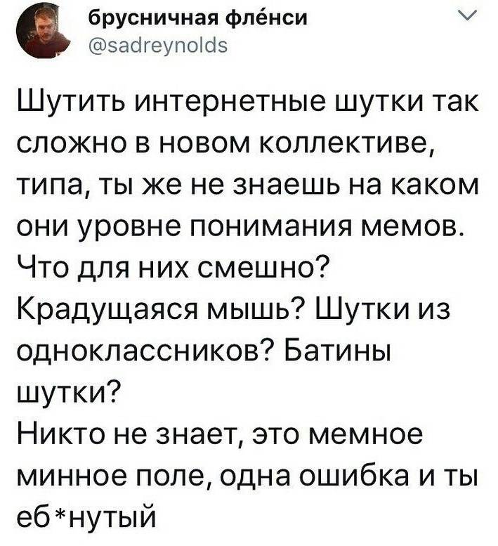 Шутить интернетные шутки так сложно в новом коллективе, типа, ты же не знаешь на каком они уровне понимания мемов. Что для них смешно? Крадущаяся мышь? Шутки из одноклассников? Батины шутки? Никто не знает, это мемное минное поле, одна ошибка и ты еб*нутый.