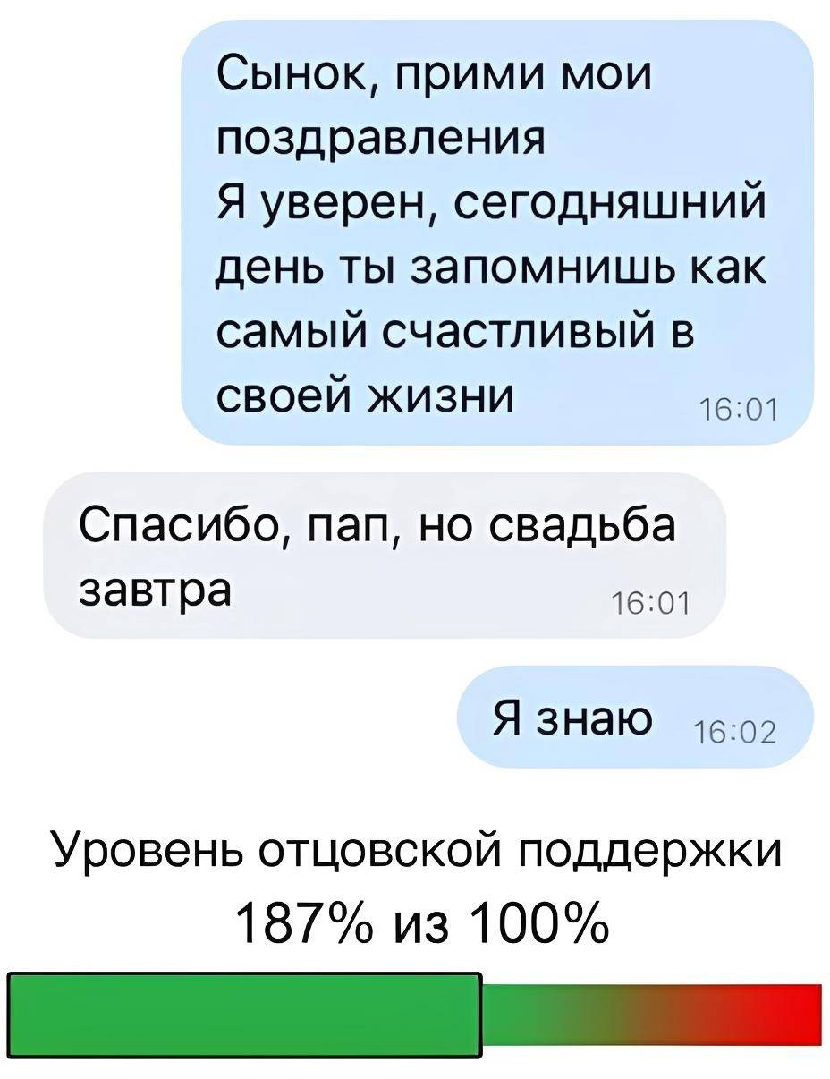 – Сынок, прими мои поздравления. Я уверен, сегодняшний день ты запомнишь как самый счастливый в своей жизни.
– Спасибо, пап, но свадьба завтра.
– Я знаю.
*Уровень отцовской поддержки*