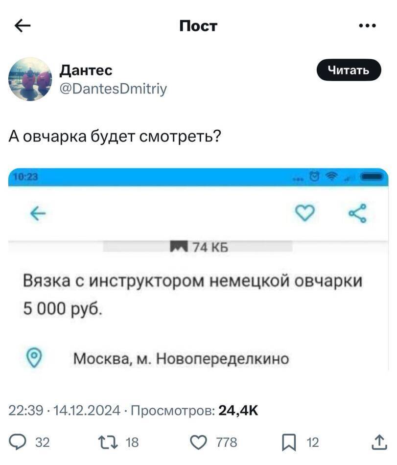 Вязка с инструктором немецкой овчарки 5 000 руб.
Москва, м. Новопеределкино.
Комментарий:
– А овчарка будет смотреть?