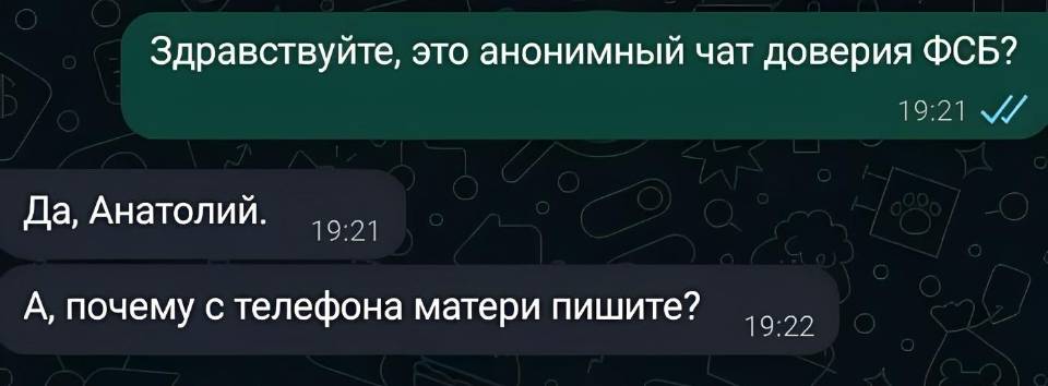– Здравствуйте, это анонимный чат доверия ФСБ?
– Да, Анатолий. А, почему с телефона матери пишите?