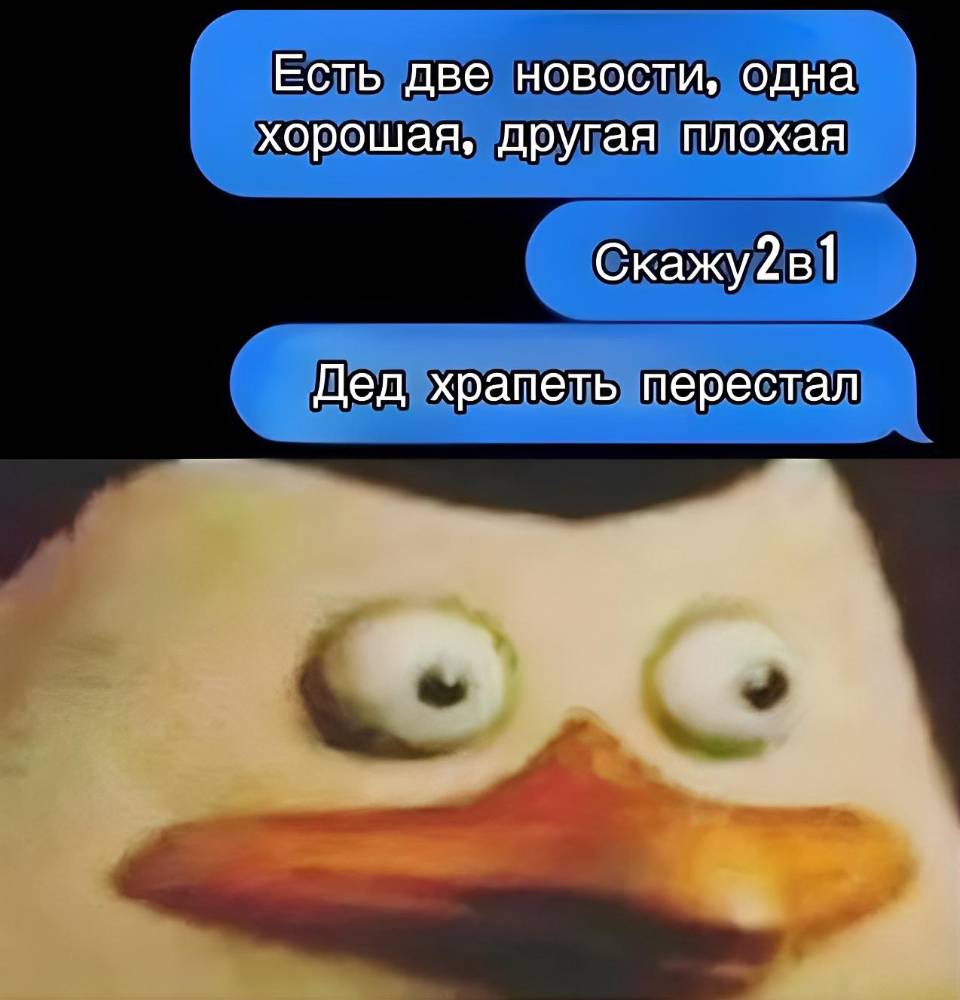 – Есть две новости. Одна хорошая, другая — не очень. С какой начать?
– С любой.
– Хорошо, скажу сразу две новости одним разом. Дед храпеть перестал.