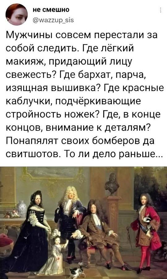 Мужчины совсем перестали за собой следить. Где лёгкий макияж, придающий лицу свежесть? Где бархат, парча, изящная вышивка? Где красные каблучки, подчёркивающие стройность ножек? Где, в конце концов, внимание к деталям? Понапялят своих бомберов да свитшотов. То ли дело раньше...