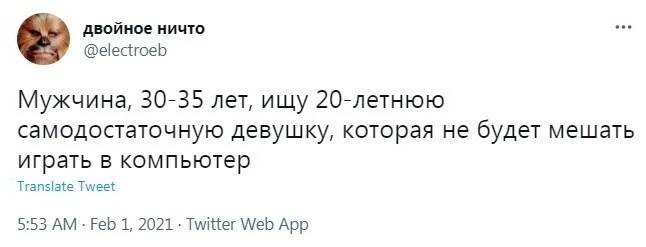 Мужчина, 30-35лет, ищу 20-летнюю самодостаточную девушку, которая He будет мешать играть в компьютер.
