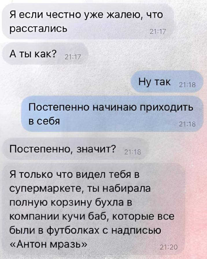 – Я если честно уже жалею, что расстались. А ты как?
– Hy так. Постепенно начинаю приходить в себя.
– Постепенно, значит? Я только что видел тебя в супермаркете, ты набирала полную корзину бухла в компании кучи баб, которые все были в футболках с надписью «Антон мразь».