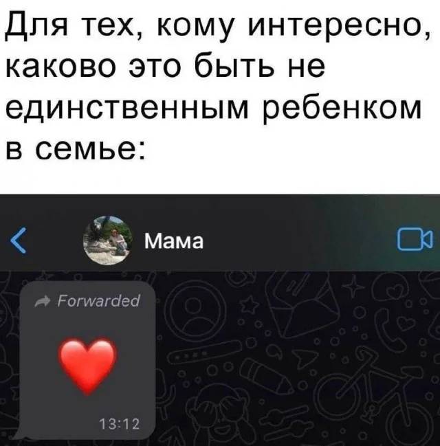Для тех, кому интересно, каково это быть не единственным ребёнком в семье:
Сообщение от Мама:
*Сердечко*
*Пересланное сообщение.