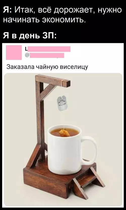 Я: Итак, всё дорожает, нужно начинать экономить.
Я в день ЗП: *Заказала чайную виселицу*