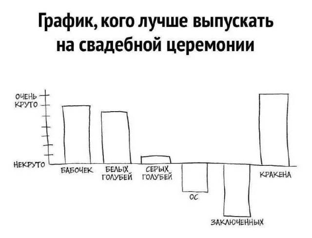 График, кого лучше выпускать на свадебной церемонии:
Бабочек
Белых голубей
Серых голубей
Ос
Заключённых
КРАКЕНА!