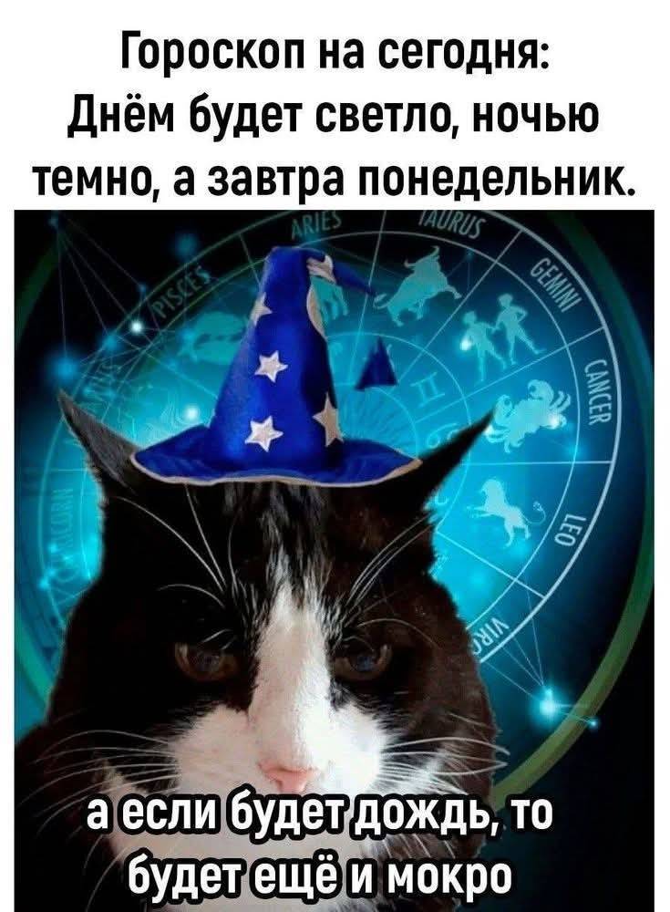 Гороскоп на сегодня: Днём будет светло, ночью темно, а завтра понедельник. 
А если будет дождь, то будет ещё и мокро.