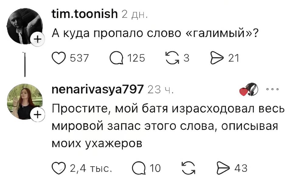 – А куда пропало слово «галимый»?
– Простите, мой батя израсходовал весь мировой запас этого слова, описывая моих ухажеров.