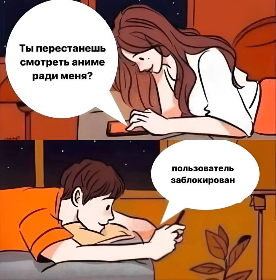 – Ты перестанешь смотреть аниме ради меня?
– *Пользователь заблокирован*